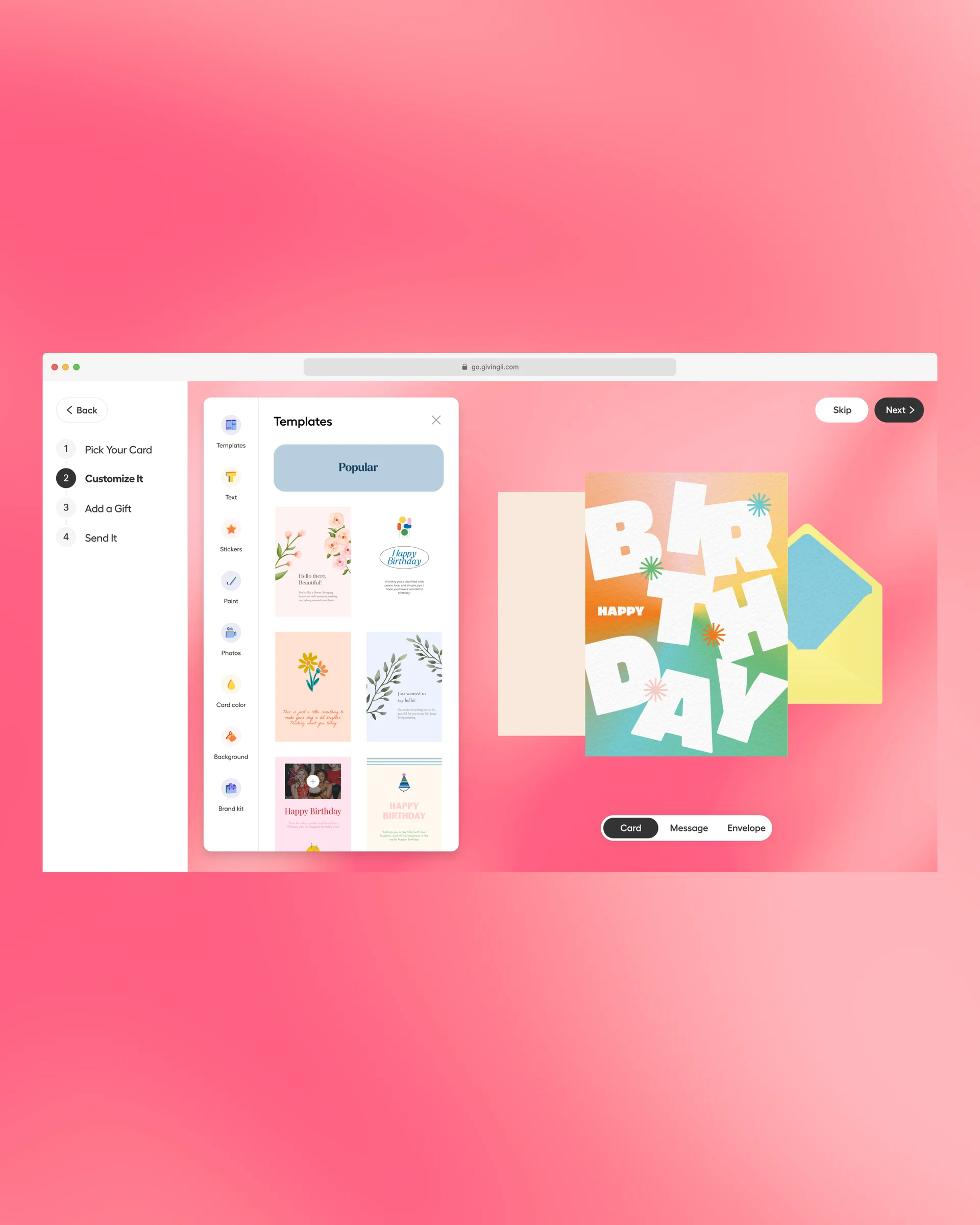 Givingli card editor on a pink background.