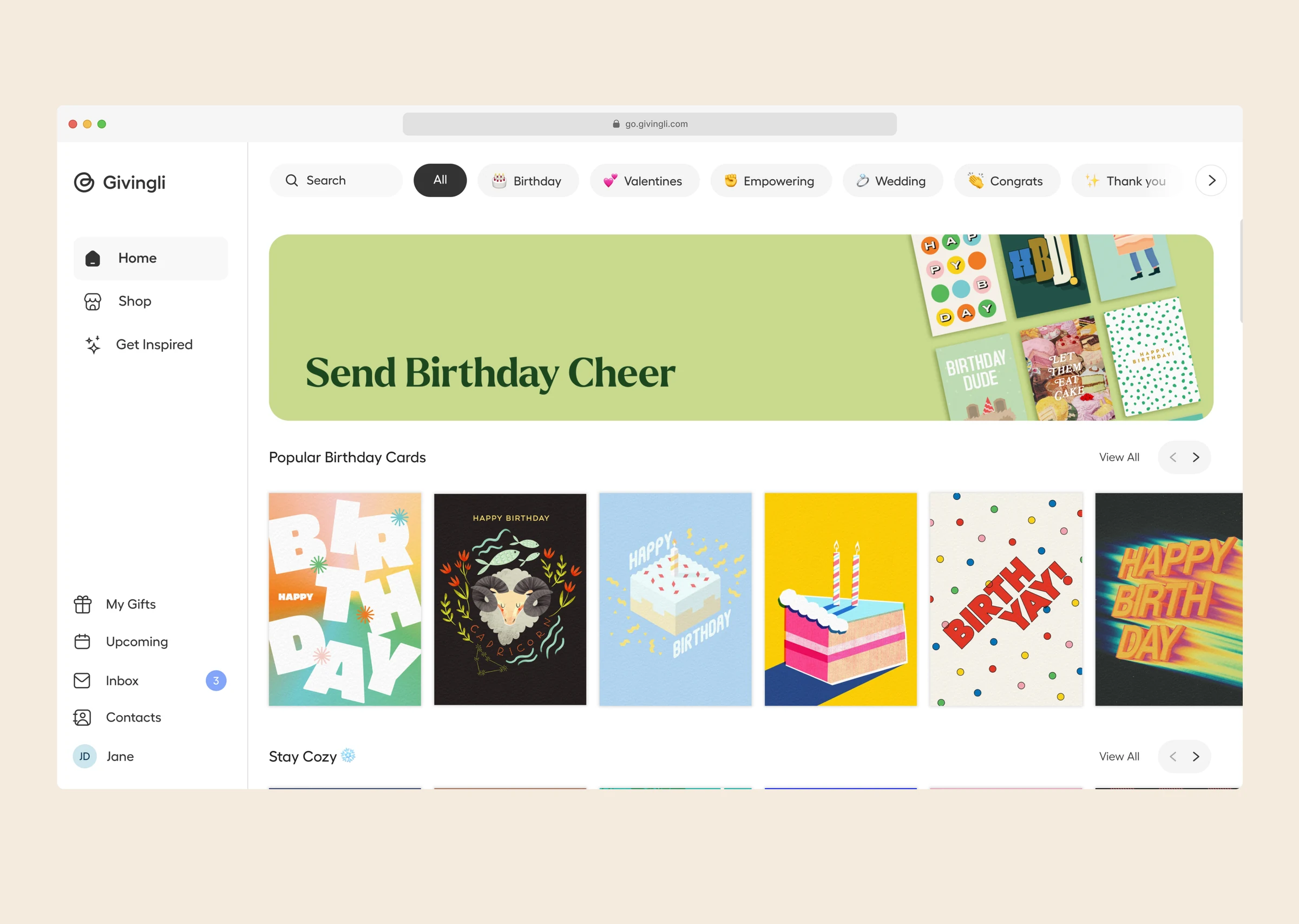 Givingli desktop card discovery and browsing experience on a cream background.