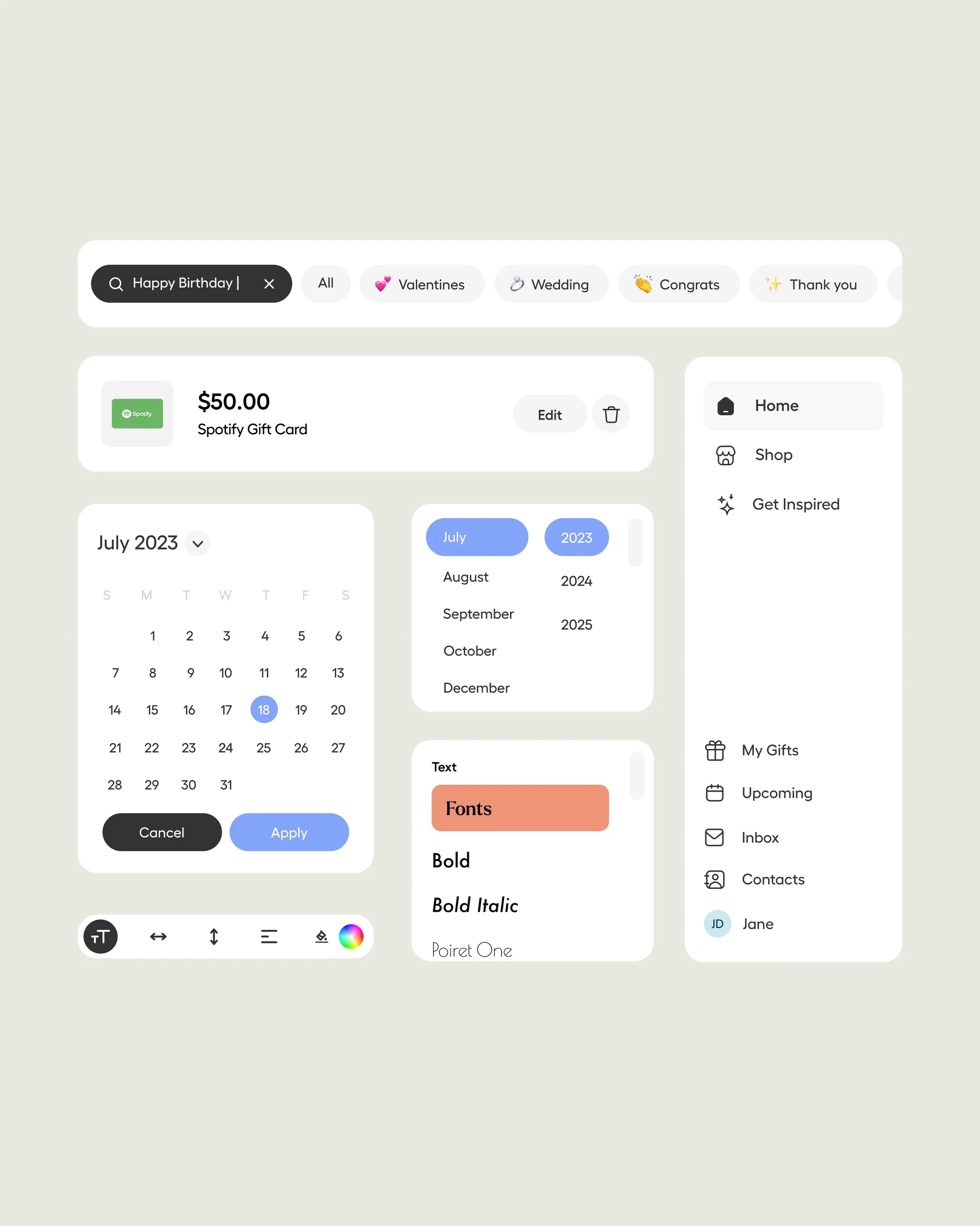 Givingli interface components for scheduling, searching, and customizing cards.