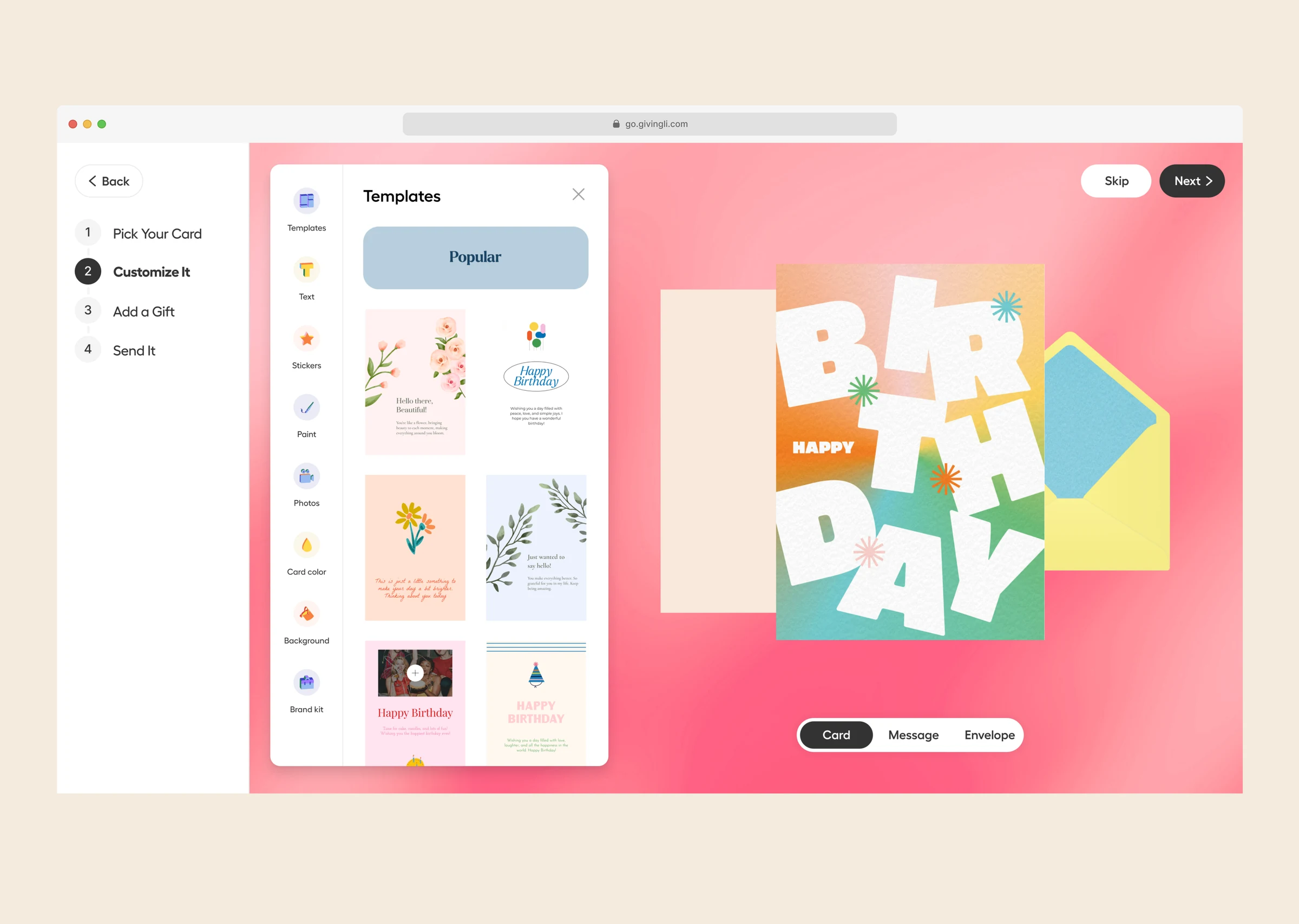 Givingli greeting card customization experience on a cream background.