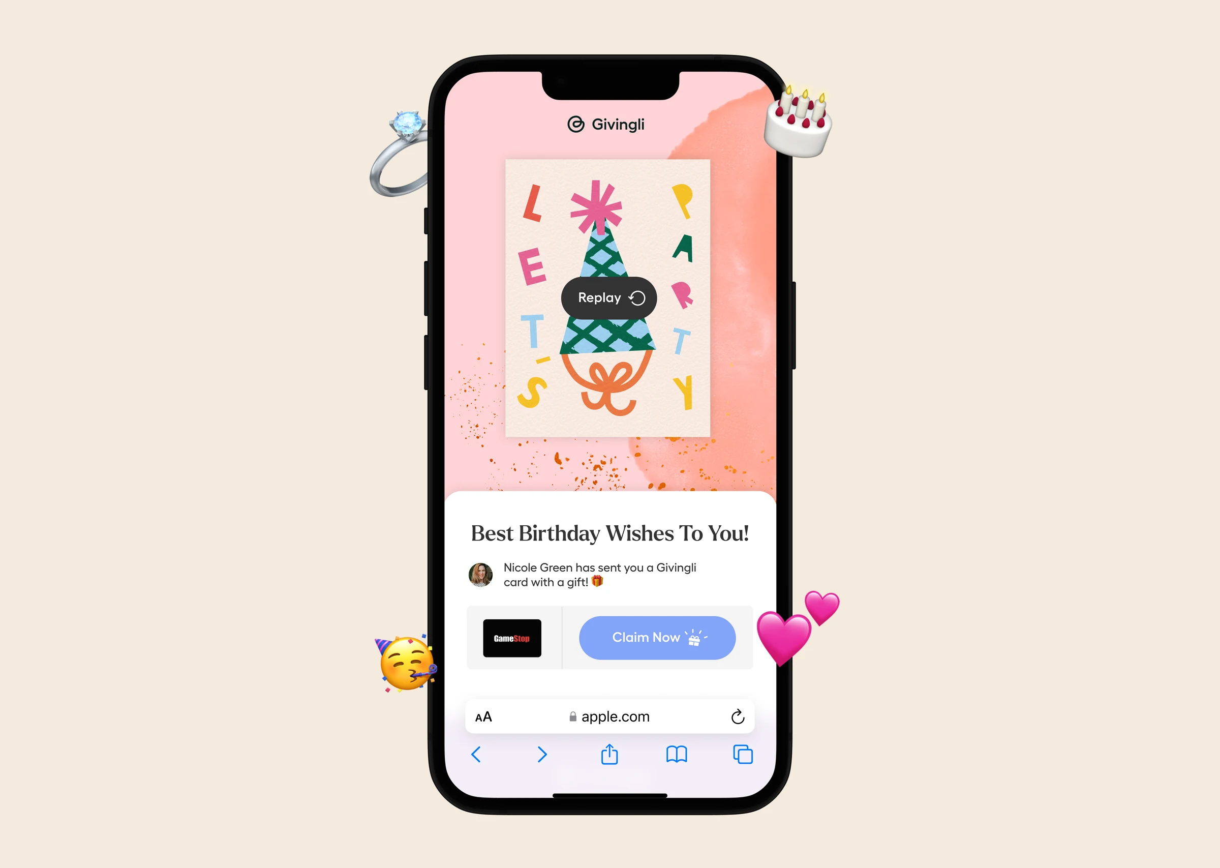Givingli mobile gift recipient experience surrounded by colorful emoji.