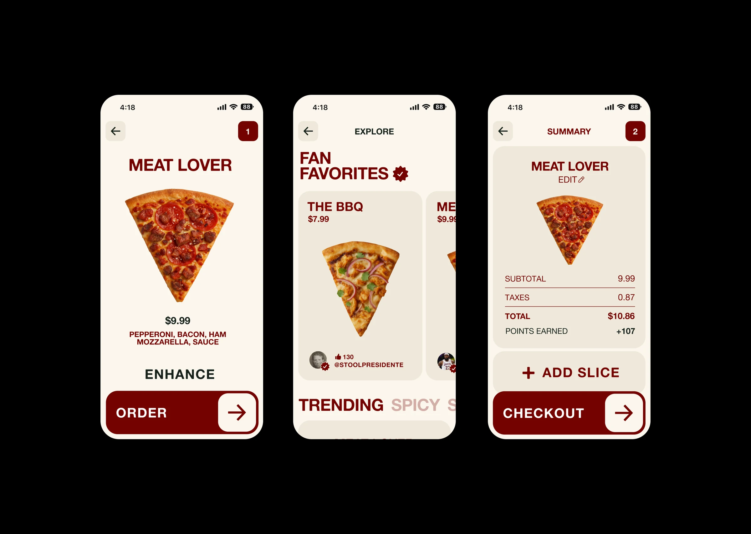 MySlice mobile pizza ordering screens on a black background.