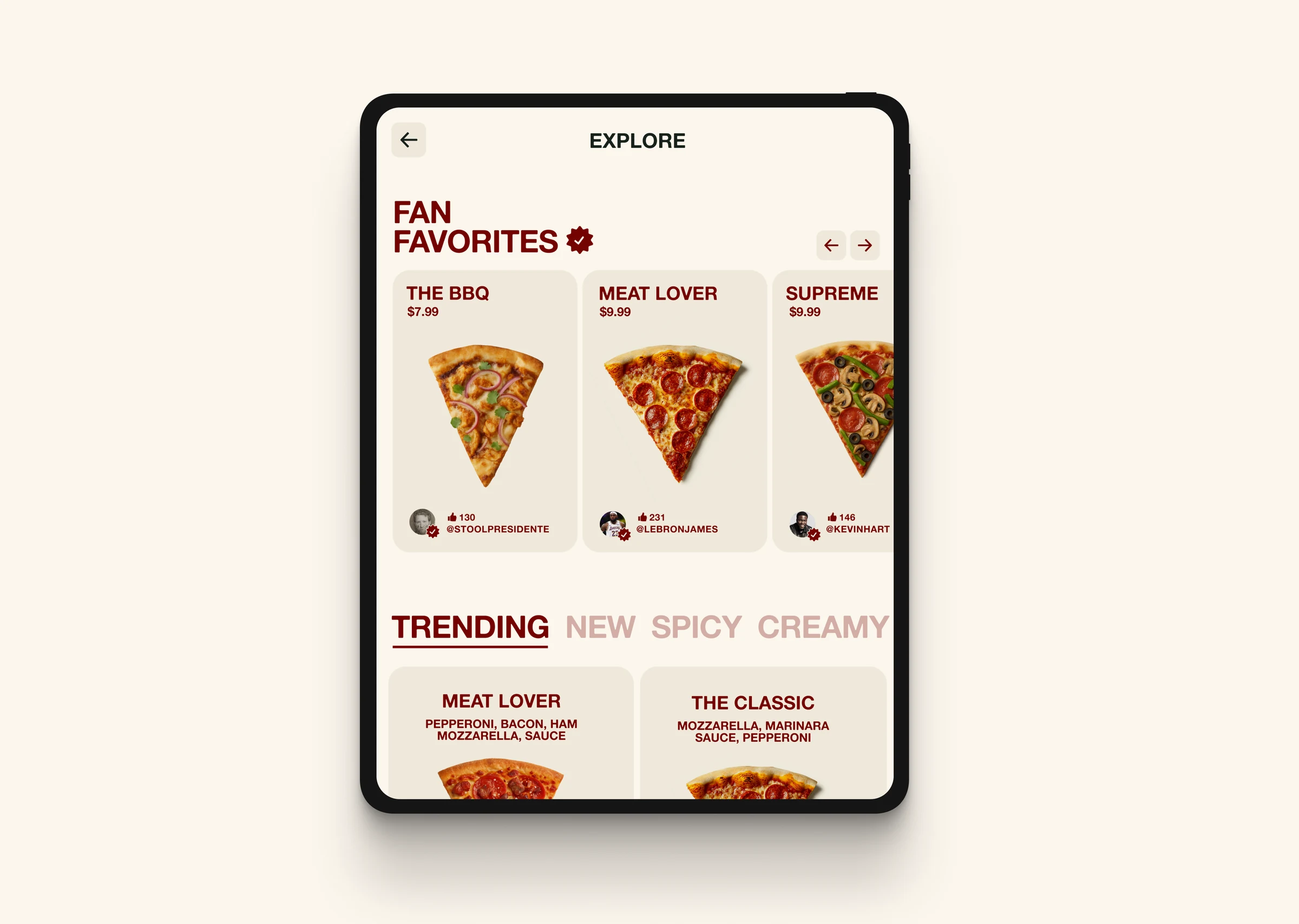 MySlice pizza menu on a tablet against a cream background.